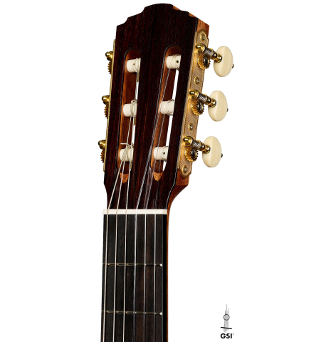 The headstock of a 2026 Marco Bortolozzo "Furore" classical guitar made of cedar and Indian rosewood
