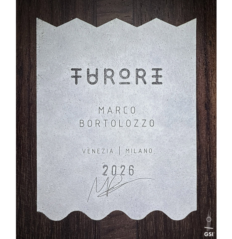 The label of a 2026 Marco Bortolozzo "Furore" classical guitar made of cedar and Indian rosewood