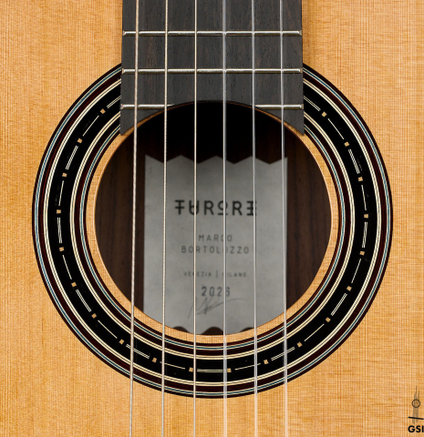The rosette of a 2026 Marco Bortolozzo "Furore" classical guitar made of cedar and Indian rosewood