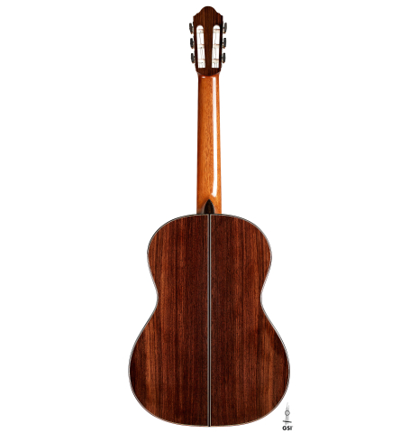 The back of a 2024 Eduardo Bossa classical guitar made of spruce and Indian rosewood