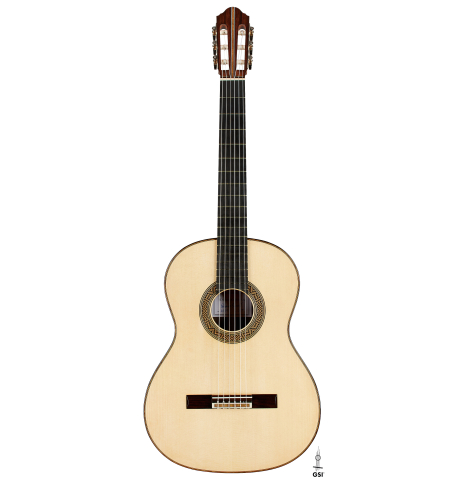 The front of a 2024 Eduardo Bossa classical guitar made of spruce and Indian rosewood