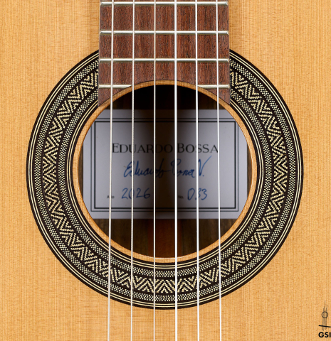 The rosette of a 2026 Eduardo Bossa classical guitar made of cedar and ovangkol
