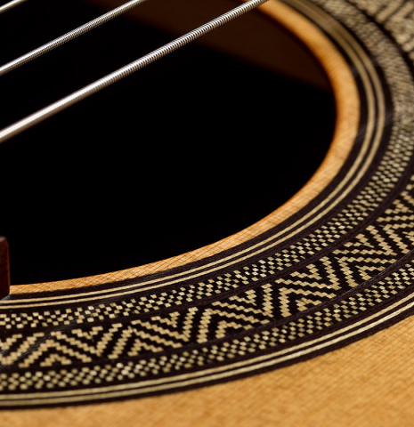 Rosette detail of a 2026 Eduardo Bossa classical guitar made of cedar and ovangkol