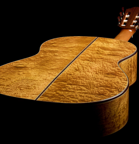 The back and sides of a 2026 Eduardo Bossa classical guitar made of spruce and comino crespo