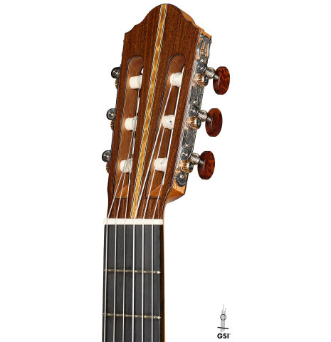 The headstock of a 2026 Eduardo Bossa classical guitar made of spruce and comino crespo