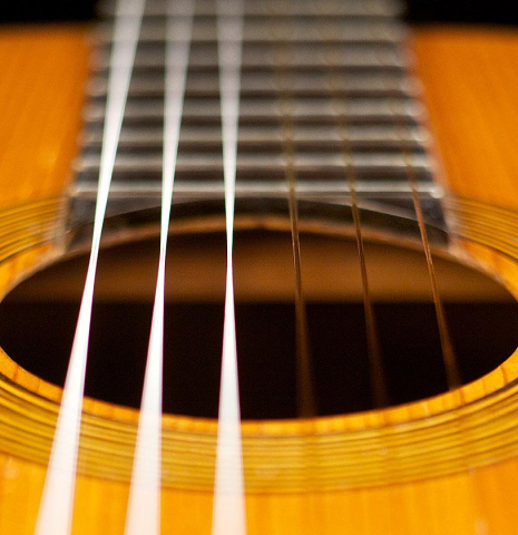 The soundhole of a 1946 Robert Bouchet #1 PI/CY - the first guitar made by Bouchet.