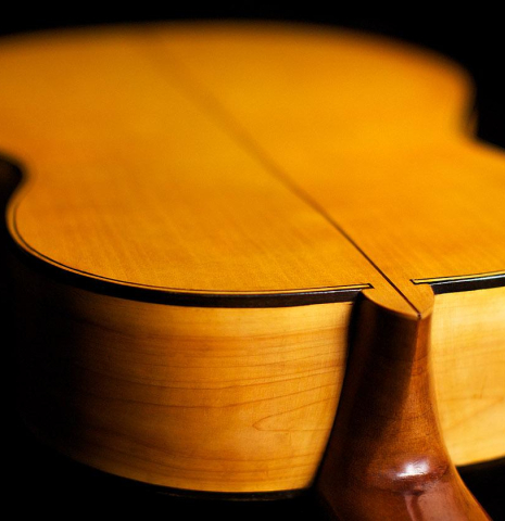 The back and heel of a 1946 Robert Bouchet #1 PI/CY - the first guitar made by Bouchet.