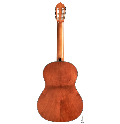 The back of a 2023 Amélie Bouvret classical guitar made of cedar and figured mahogany.