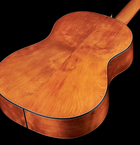 The back of a 2023 Amélie Bouvret classical guitar made of cedar and figured mahogany.