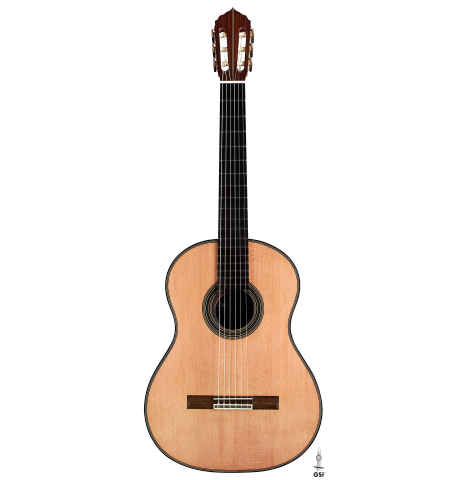 The front of a 2023 Amélie Bouvret classical guitar made of cedar and figured mahogany.