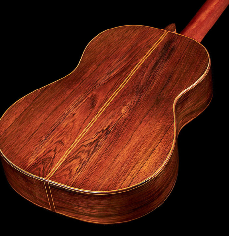 The back of a 1957 Robert Bouchet classical guitar made with spruce and CSA rosewood.