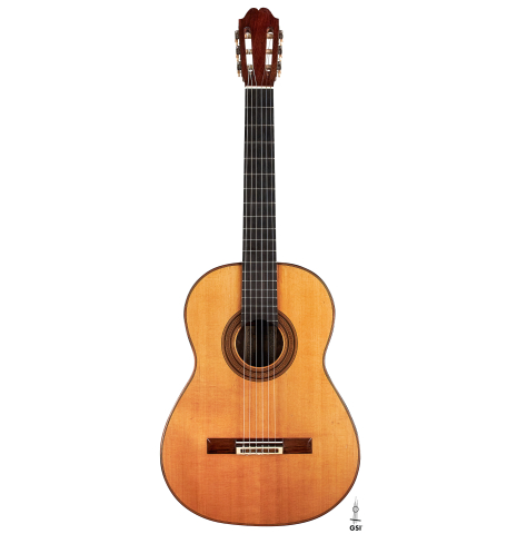 The front of a 1957 Robert Bouchet classical guitar made with spruce and CSA rosewood.