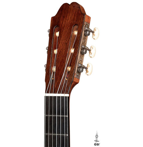 The headstock of a 1957 Robert Bouchet classical guitar made with spruce and CSA rosewood.