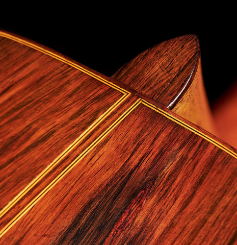 The heel of a 1957 Robert Bouchet classical guitar made with spruce and CSA rosewood.