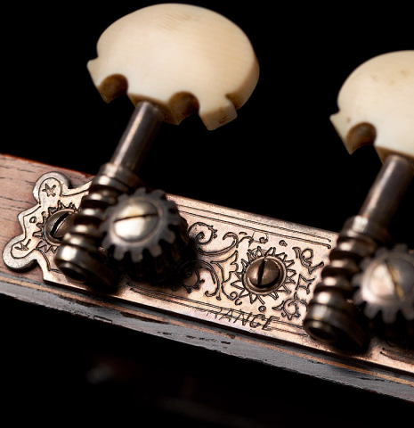 The machine heads of a 1957 Robert Bouchet classical guitar made with spruce and CSA rosewood.