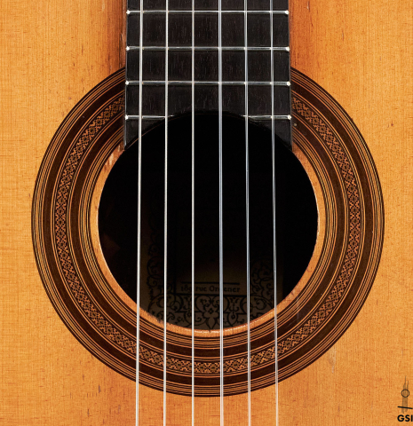 The rosette of a 1957 Robert Bouchet classical guitar made with spruce and CSA rosewood.