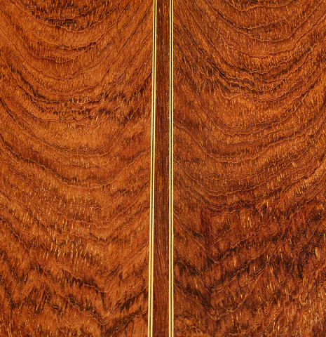 The back center seam of a 1965 Robert Bouchet classical guitar made of spruce and CSA rosewood