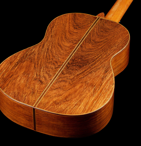 The back and sides of a 1965 Robert Bouchet classical guitar made of spruce and CSA rosewood