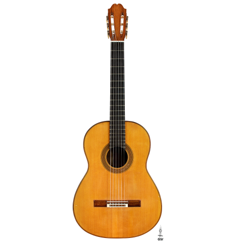 The front of a 1965 Robert Bouchet classical guitar made of spruce and CSA rosewood