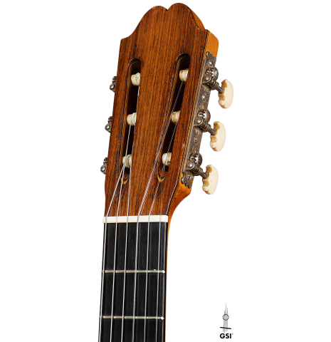 The headstock of a 1965 Robert Bouchet classical guitar made of spruce and CSA rosewood