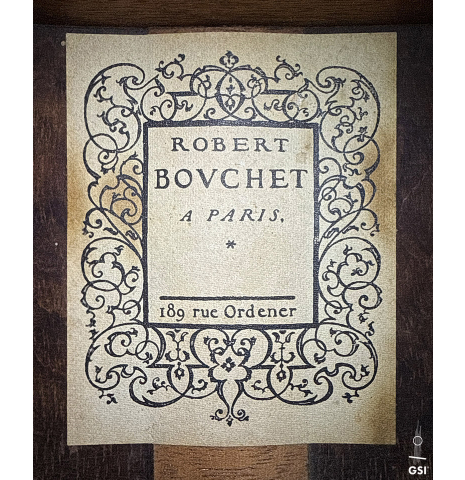 The label of a 1965 Robert Bouchet classical guitar made of spruce and CSA rosewood