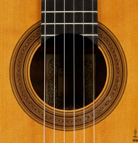 The rosette of a 1965 Robert Bouchet classical guitar made of spruce and CSA rosewood