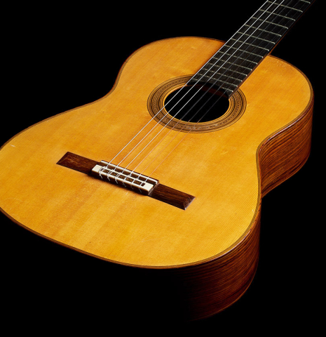 The soundboard of a 1965 Robert Bouchet classical guitar made of spruce and CSA rosewood