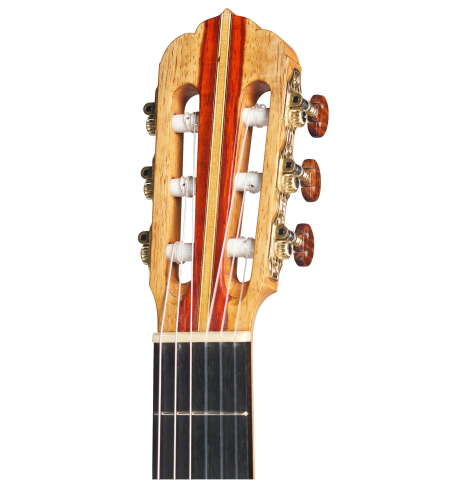 The headstock of the 2012 Tobias Braun classical guitar made with bearclaw German spruce and satinwood.