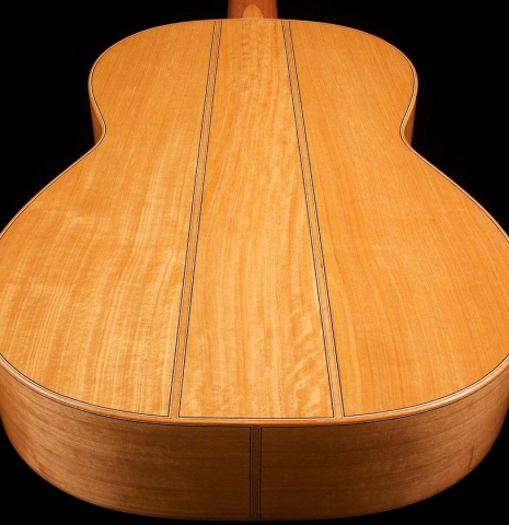 The back of the 2012 Tobias Braun classical guitar made with bearclaw German spruce and satinwood.
