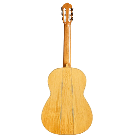 The back of the 2012 Tobias Braun classical guitar made with bearclaw German spruce and satinwood.
