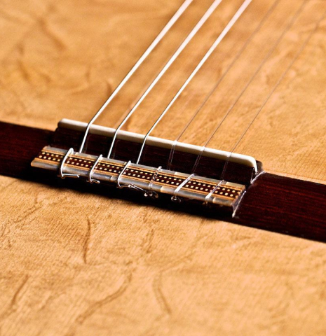 The bridge, tie-block and saddle of a 2004 Tobias Braun "1912 Ramirez" made of spruce and Indian rosewood