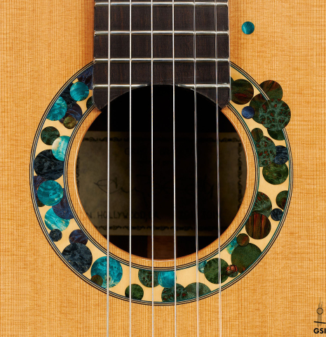 The rosette of a 2019 Greg Brandt classical guitar made of cedar and CSA rosewood