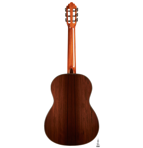 The back of a 2019 Greg Brandt classical guitar made of cedar and CSA rosewood