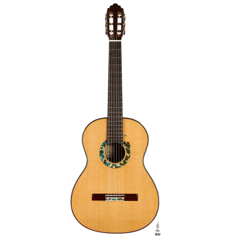 The front of a 2019 Greg Brandt classical guitar made of cedar and CSA rosewood