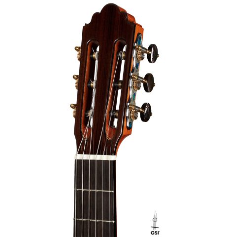 The headstock of a 2019 Greg Brandt classical guitar made of cedar and CSA rosewood