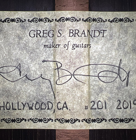 The label of a 2019 Greg Brandt classical guitar made of cedar and CSA rosewood