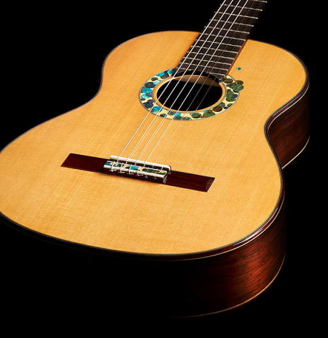 The top and sides of a 2019 Greg Brandt classical guitar made of cedar and CSA rosewood