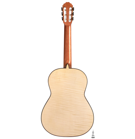 The back of a 2023 Kenneth Brogger classical guitar made of spruce and maple.