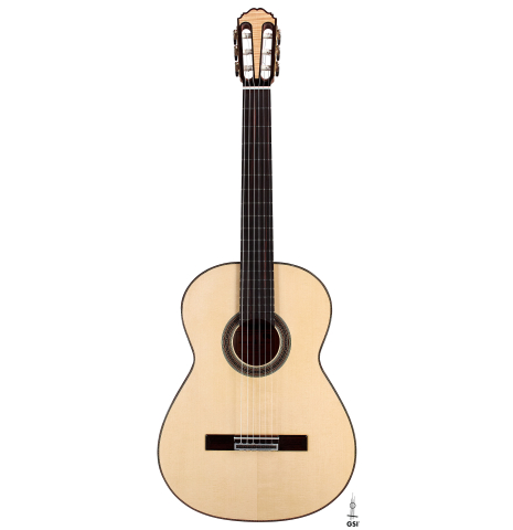 The front of a 2023 Kenneth Brogger classical guitar made of spruce and maple.