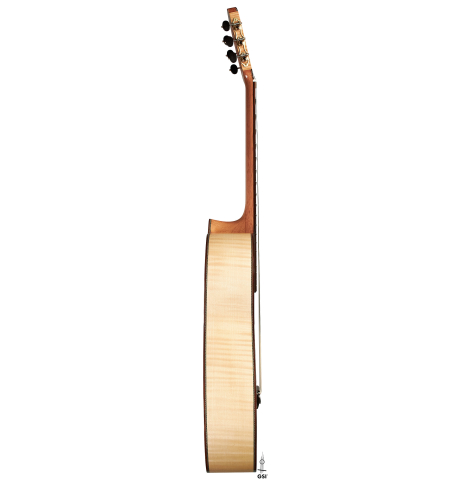 The side of a 2023 Kenneth Brogger classical guitar made of spruce and maple.