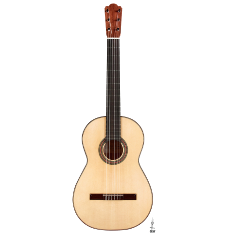 This is the front of a 2023 Kenneth Brogger "1890 Torres" w/pegs classical guitar made of spruce and cypress