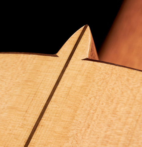 This is the back, heel and center seam of a 2023 Kenneth Brogger "1890 Torres" w/pegs classical guitar made of spruce and cypress
