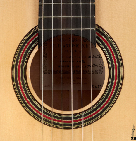 This is the rosette of a 2023 Kenneth Brogger "1890 Torres" w/pegs classical guitar made of spruce and cypress