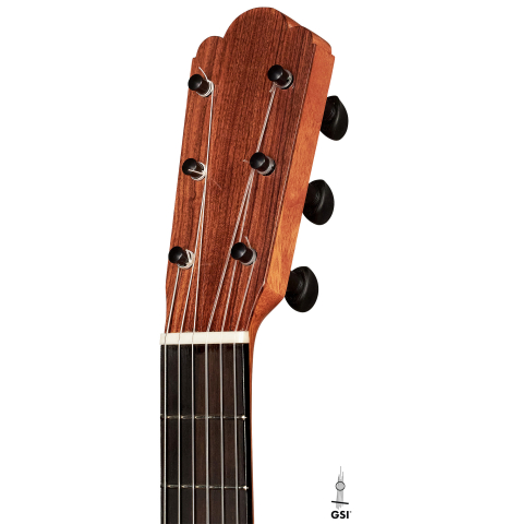 This is the headstock of a 2023 Kenneth Brogger "1890 Torres" w/pegs classical guitar made of spruce and cypress
