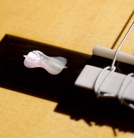 The mother-of-pearl bridge inlays of a 2021 Kenneth Brogger "1864 Torres" classical guitar made of spruce and CSA rosewood