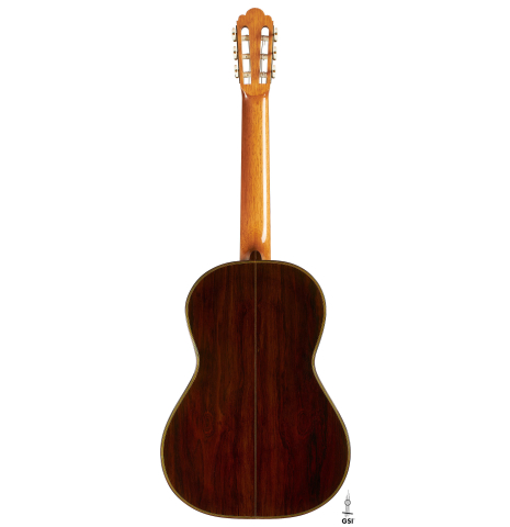 The back of a 2021 Kenneth Brogger "1864 Torres" classical guitar made of spruce and CSA rosewood