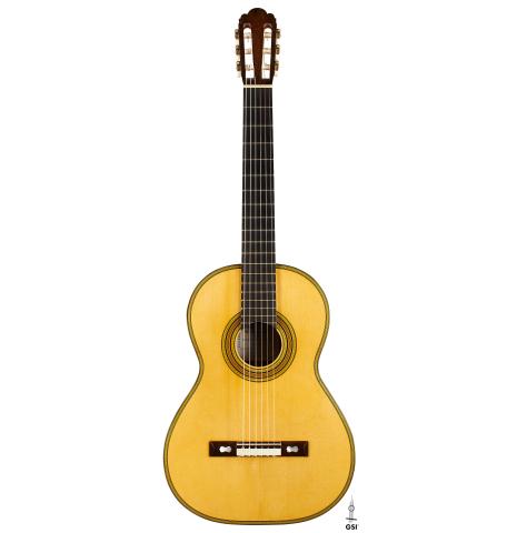 The front of a 2021 Kenneth Brogger "1864 Torres" classical guitar made of spruce and CSA rosewood