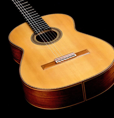 This is the top and sides at the foot of a 2018 Kenneth Brogger "Stradivarius" classical guitar made with spruce and CSA rosewood