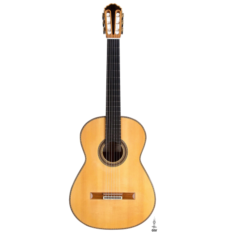 This is the front of a 2018 Kenneth Brogger "Stradivarius" classical guitar made with spruce and CSA rosewood
