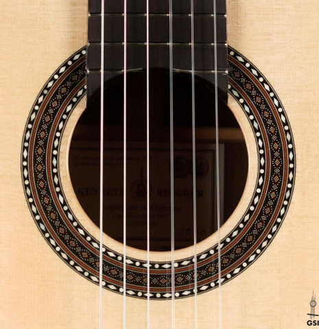 The rosette of a 2020 Kenneth Brogger "Stradivarius" classical guitar made of spruce and CSA rosewood